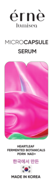 érnè lumisea Microcapsule Serum. Dynamiczny, różowo-zielony wzór na etykiecie. Skład: Heartleaf, PDRN, NAD+. Made in Korea.