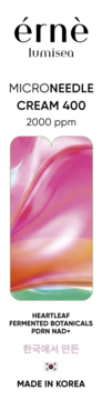 Érnè Lumisea Microneedle Cream 400 label, 2000ppm, with vibrant pink, orange, and green abstract art. Made in Korea.