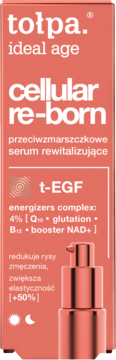 Tołpa Ideal Age Cellular Re-Born serum z 4% energizers complex, brzoskwiniowa butelka z pompką, widok z przodu.