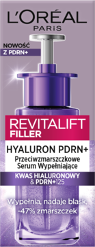 L'Oréal Revitalift Filler HYALURON PDRN+ serum przeciwzmarszczkowe, fioletowa butelka z pompką, widok z przodu.