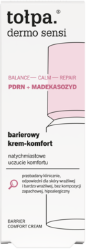 Białe opakowanie kremu tołpa dermo sensi barierowy krem-komfort, przód, z PDRN i madekasozydem dla skóry wrażliwej.