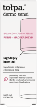 Białe opakowanie Tołpa dermo sensi łagodzący krem-żel z PDRN + Madekasozydem do skóry wrażliwej, widok z przodu.