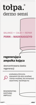 tołpa. dermo sensi regenerująca ampułka kojąca PDRN+Madekasozyd, dla wrażliwej skóry, widok z przodu.