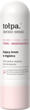 Tołpa Dermo Sensi kojący krem w mgiełce, biała butelka z różowym spodem, przód. PDRN+MADEKASOZYD dla skóry wrażliwej.