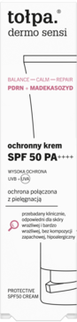 Biały krem tołpa dermo sensi SPF 50 z PDRN, do skóry wrażliwej i alergicznej, widok frontowy opakowania.