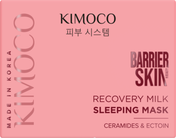 Różowe opakowanie maski na noc Kimoco Recovery Milk Sleeping Mask z ceramidami i ektoiną, widok z przodu.