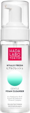 HADA LABO TOKYO HYALU FRESH Delikatna Pianka Oczyszczająca, butelka z białą pompką, widok z przodu.