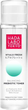 Hada Labo Tokyo Hyalu Fresh Tonik Prebiotyczny z 4x HA, biała butelka z pompką, widok z przodu.