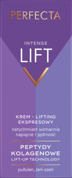 Perfecta Intense Lift Krem-Lifting Ekspresowy, fioletowe opakowanie z białymi i złotymi napisami, widok z przodu.