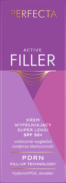 Perfecta Active Filler, ultralekki krem wypełniający SPF 50+ w fioletowej butelce, widok z przodu, białe napisy.