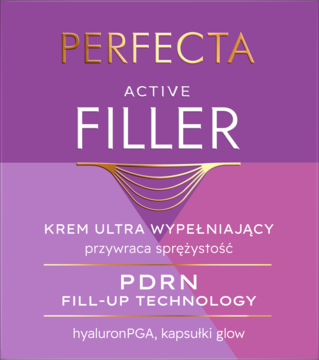 Perfecta Active Filler krem ultra wypełniający. Fioletowe opakowanie z PDRN Fill-Up Technology i hyaluronPGA.