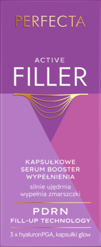 Perfecta Active Filler serum booster, fioletowo-różowe pudełko z napisem PDRN Fill-Up Technology, widok z przodu.