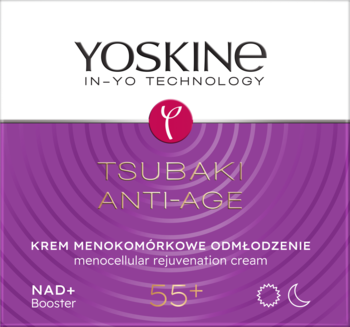 Krem YOSKINE Tsubaki Anti-Age 55+ przeciwzmarszczkowy, w biało-fioletowym pudełku, widok z przodu.