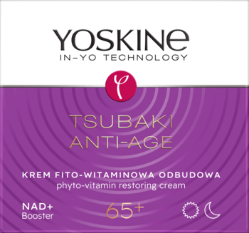 YOSKINE Tsubaki Anti-Age, krem przeciwzmarszczkowy 65+ fito-witaminowa odbudowa, opakowanie fioletowo-białe, przód.