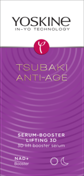 Fioletowe opakowanie YOSKINE TSUBAKI ANTI-AGE Serum-Booster 3D, złote napisy, logo, dzienne i nocne użycie, przód.