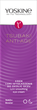 YOSKINE Tsubaki Anti-Age lumi smoothing eye cream, fioletowe pudełko z logo i NAD+ Booster.