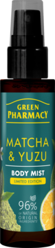 Green Pharmacy Matcha & Yuzu Body Mist Limited Edition, ciemna butelka z zieloną etykietą, 96% natury, widok z przodu.