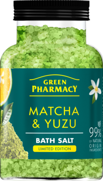 Green Pharmacy Matcha & Yuzu Bath Salt (Limited Edition), clear jar, green salts, front view, yuzu label.