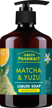 Green Pharmacy Matcha & Yuzu Liquid Soap w ciemnobrązowej butelce z pompką, tealowa etykieta z yuzu i matchą.