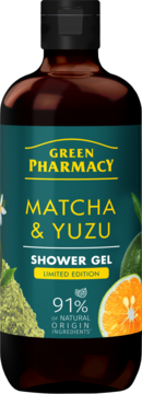 Green Pharmacy Matcha & Yuzu Shower Gel, brązowa butelka, zielona etykieta z yuzu i matchą, widok z przodu.