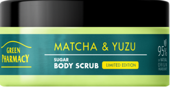 Zielony peeling cukrowy Green Pharmacy Matcha & Yuzu w słoiku, limitowana edycja, widok z przodu.