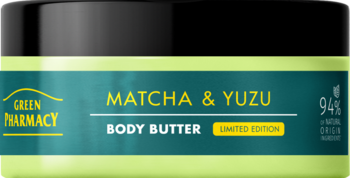 Zielone masło do ciała Green Pharmacy Matcha & Yuzu Limited Edition, słoik z ciemnozieloną etykietą, przód.