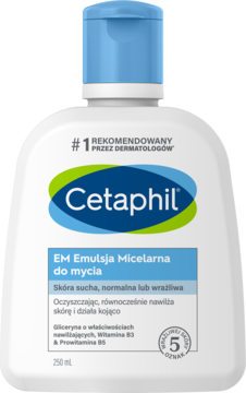 Biała butelka Cetaphil EM Emulsja Micelarna 250ml z niebieską nakrętką, do skóry suchej, normalnej lub wrażliwej.