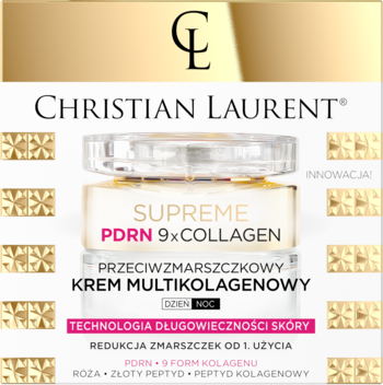 Christian Laurent Supreme PDRN 9xCOLLAGEN krem przeciwzmarszczkowy w złotym słoiczku, z widocznym tekstem produktu.