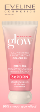 Eveline Glow Peach & Berry rozświetlająco-nawilżający krem-żel w różowej tubce, widok z przodu.
