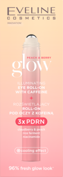 Eveline Peach & Berry rozświetlający roll-on pod oczy z kofeiną. Pionowa różowa butelka z metalowym aplikatorem.