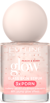 Eveline Glass Skin Serum Peach & Berry 3x PDRN, przezroczysta butelka z perłową zakrętką, widok z przodu.