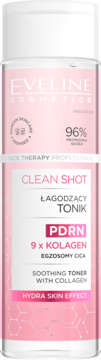 Eveline Clean Shot Łagodzący Tonik PDRN, 9x Kolagen, w różowej butelce z białym korkiem, widok z przodu.