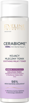 Eveline Cerabiome Soothing Milky Toner w białej butelce z fioletowymi i złotymi napisami, widok z przodu.
