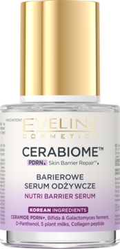 Eveline Cerabiome Nutri Barrier Serum w przezroczystej butelce ze złotą zakrętką, regeneracja bariery skóry.
