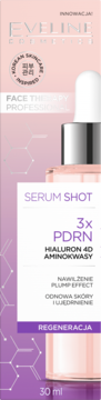 Eveline Serum Shot 3x PDRN, Hialuron 4D, Aminokwasy. Regenerujące serum, różowo-fioletowe pudełko, widok z przodu. 30 ml.