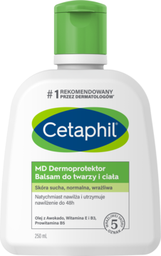 Biała butelka Cetaphil MD Dermoprotektor Balsam do twarzy i ciała, rekomendowany dla skóry suchej, widok z przodu.