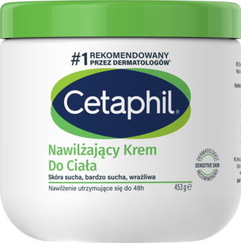 Biały słoik kremu Cetaphil Nawilżający Krem Do Ciała z zieloną pokrywką, napis '#1 REKOMENDOWANY PRZEZ DERMATOLOGOW'.
