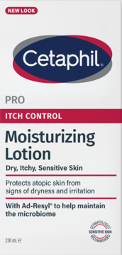 Cetaphil PRO Itch Control Moisturizing Lotion w białym pudełku z napisem 'NEW LOOK', dla skóry wrażliwej.