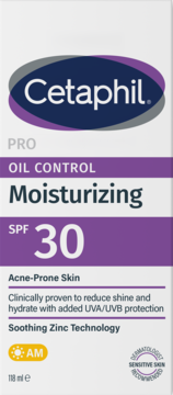 Cetaphil PRO Oil Control Moisturizing SPF 30, biało-fioletowe opakowanie, matujący krem do skóry trądzikowej, widok z przodu.