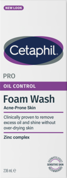 Cetaphil PRO Oil Control Foam Wash for acne-prone skin. White box with purple banner and blue logo.