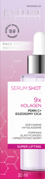 Eveline Serum Shot 9x Kolagen z PDRN C+, egzosomy CICA, super lifting, butelka w różowo-fioletowym pudełku.