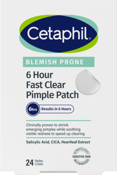 Białe opakowanie Cetaphil 6 Hour Fast Clear Pimple Patch z zielonym logo, widok z przodu. Opis składników: Salicylic Acid, CICA.