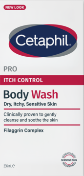 Cetaphil PRO Itch Control Body Wash 236ml, widok z przodu. Biała butelka z czerwonym logo, dla suchej, wrażliwej skóry.