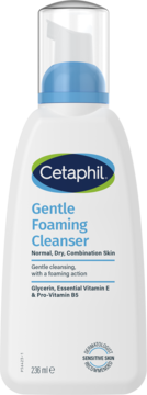 Cetaphil Gentle Foaming Cleanser, biała butelka z niebieską pompką, widok z przodu. 236ml.