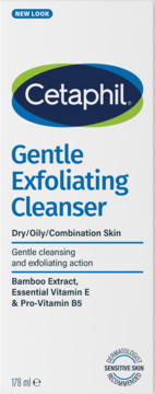 Białe opakowanie Cetaphil Gentle Exfoliating Cleanser do skóry suchej, tłustej, mieszanej, widok z przodu, 178 ml.
