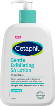 Cetaphil Gentle Exfoliating SA Lotion, biała butelka z pompką, widok z przodu, z kwasem salicylowym, migdałowym i PHA.
