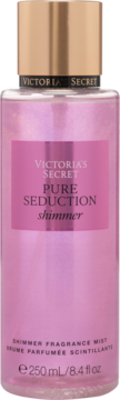 Różowa butelka Victoria's Secret Pure Seduction Shimmer, mgiełka zapachowa z brokatem, widok z przodu, pojemność 250ml.