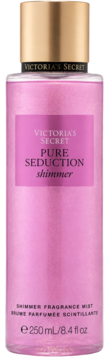 Mgiełka zapachowa Victoria's Secret Pure Seduction Shimmer, różowy płyn z brokatem w butelce, złota nakrętka, front.