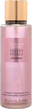 Victoria's Secret Velvet Petals Shimmer Mist, pink liquid in clear bottle, gold cap with logo, pink label.