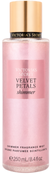 Mgiełka zapachowa Victoria's Secret Velvet Petals Shimmer, różowa butelka z brokatem i złotą nakrętką, z przodu.